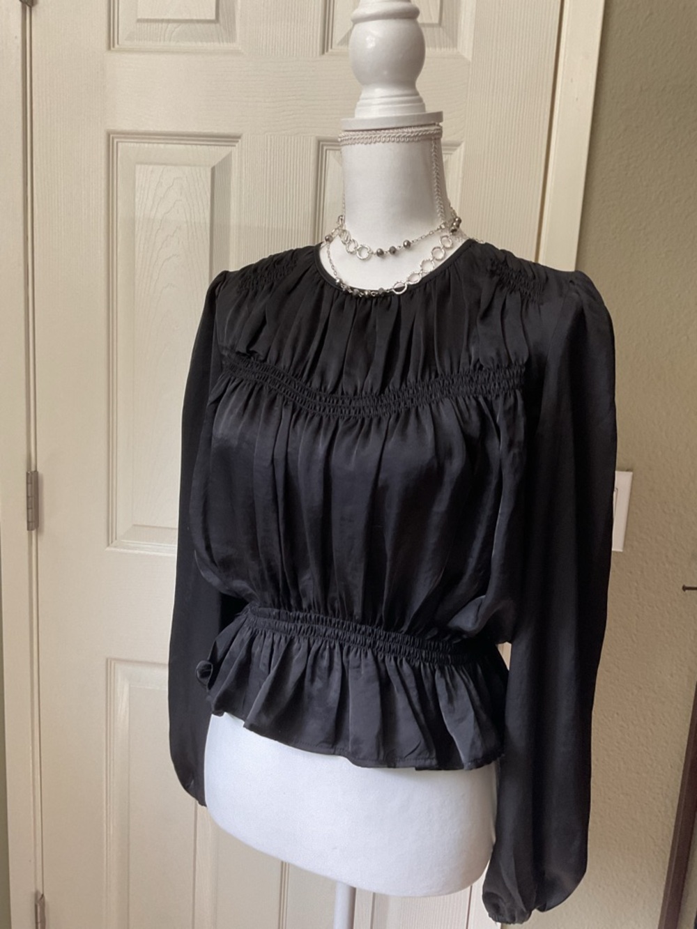 Steve Madden Black Long-Sleeve Smocked Peplum Blouse